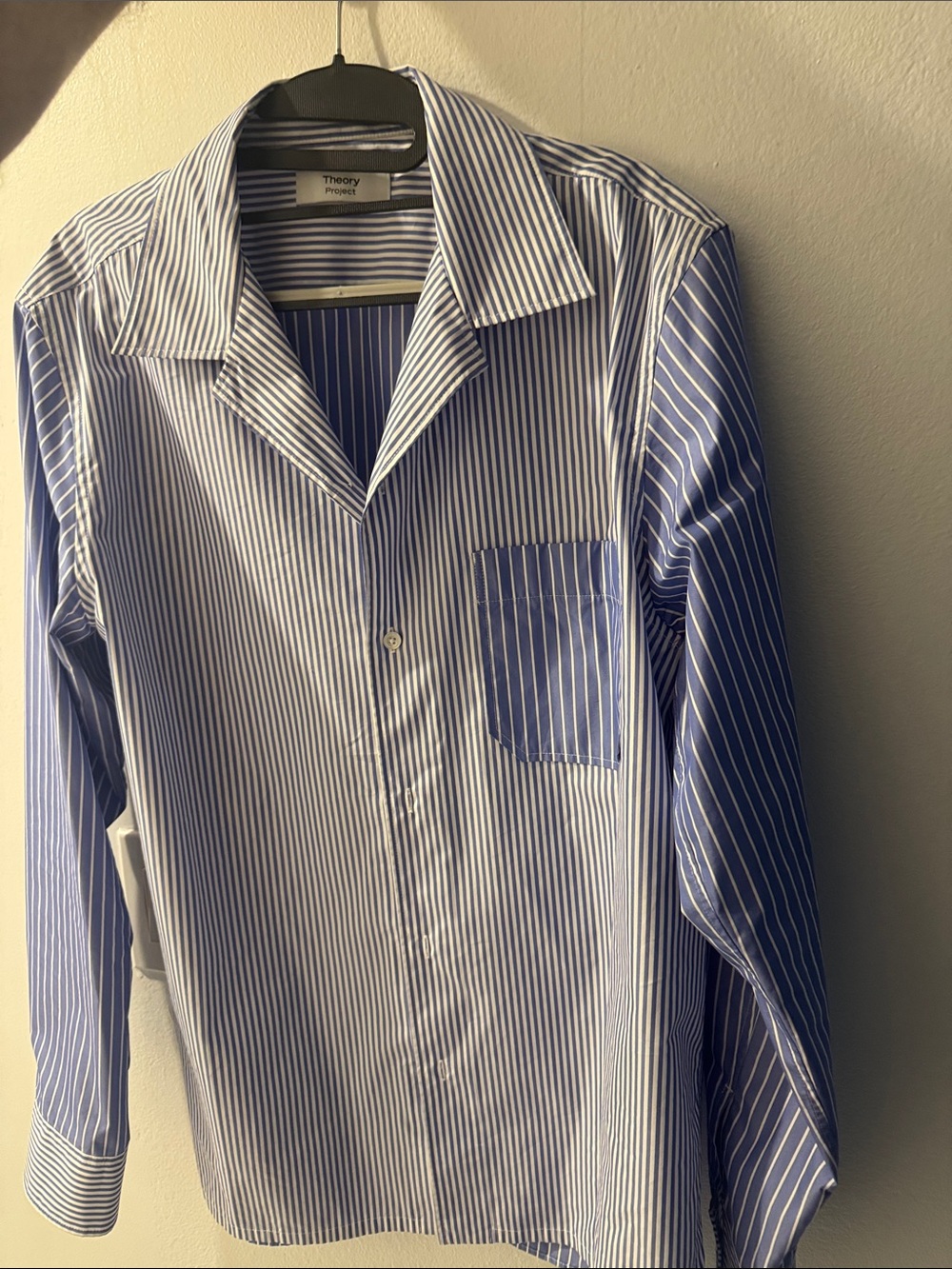 Theory Men’s Blue and White Striped Dress Shirt